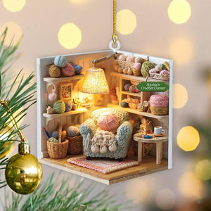 Personalized Crochet Corner Ornament, Custom Yarn Room Xmas Decor, Gift for Knitters, Crocheters & Craft Lovers, Crochet 2D Flat Ornament