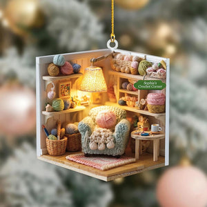 Personalized Crochet Corner Ornament, Custom Yarn Room Xmas Decor, Gift for Knitters, Crocheters & Craft Lovers, Crochet 2D Flat Ornament