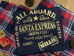 Matching Family Santa Express Christmas Set Personalised Navy Long Sleeve T-Shirt, & Red Plaid/Tartan Trouser Bottoms **Customisable**