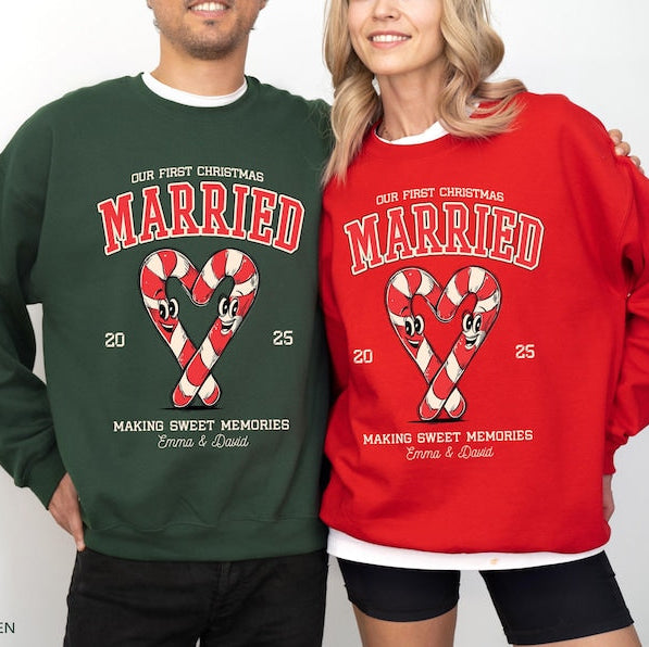 Custom Couples Matching Christmas Shirts, Our First Christmas Together Married Engaged Sweater Candy Cane Sweatshirt Hoodie Retro T shirt