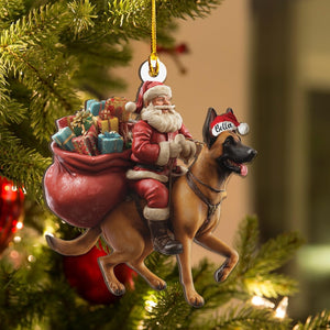 Personalized Malinois dog and Santa Christmas Wood Ornament, Flat 2D Holiday Tree Decor Gift for Dog Lovers, Families, Pet Keepsakef Gift