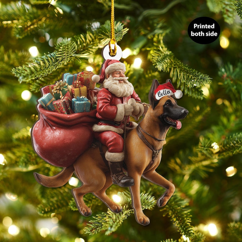 Personalized Malinois dog and Santa Christmas Wood Ornament, Flat 2D Holiday Tree Decor Gift for Dog Lovers, Families, Pet Keepsakef Gift