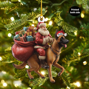 Personalized Malinois dog and Santa Christmas Wood Ornament, Flat 2D Holiday Tree Decor Gift for Dog Lovers, Families, Pet Keepsakef Gift