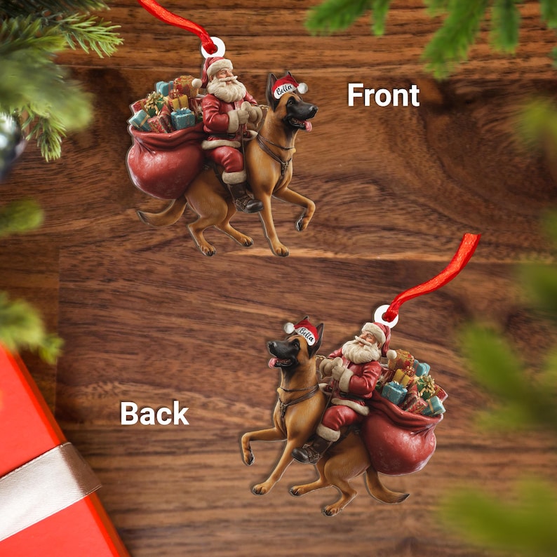 Personalized Malinois dog and Santa Christmas Wood Ornament, Flat 2D Holiday Tree Decor Gift for Dog Lovers, Families, Pet Keepsakef Gift