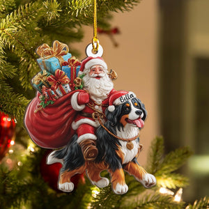 Personalized Bernese Mountain dog and Santa Christmas Wood Ornament, Flat 2D Holiday Tree Decor Gift for Dog Lovers, Families Pet Keepsakef