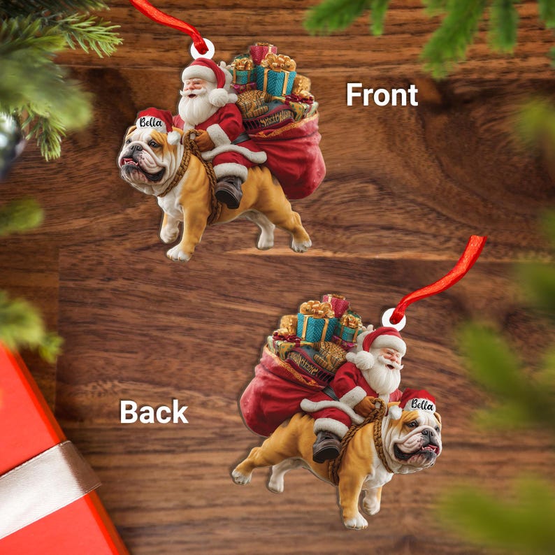 Personalized English Bulldog dog and Santa Christmas Wood Ornament, Flat 2D Holiday Tree Decor Gift for Dog Lovers, Families Pet Keepsakef