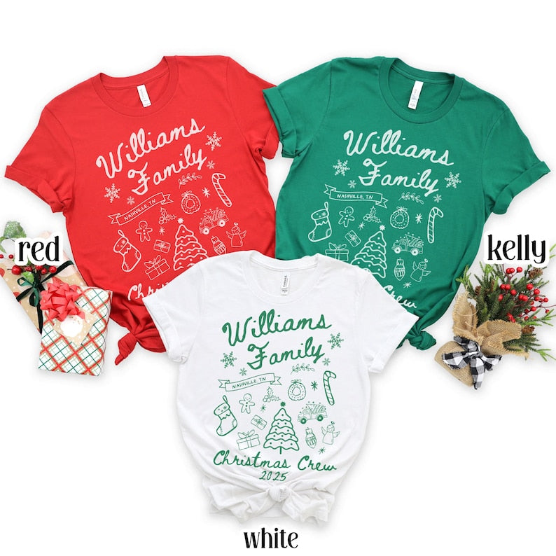 Custom Family Christmas Shirt Matching Holiday Doodle Xmas Tee Personalized Name Christmas Tshirt Christmas Crew Squad Santa Youth Baby
