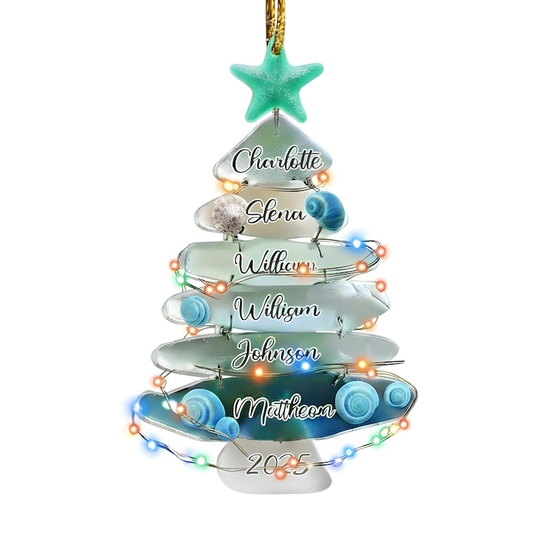 Personalized Sea Glass Christmas Tree Ornament: Family Keepsake, 2D Flat Ornament
