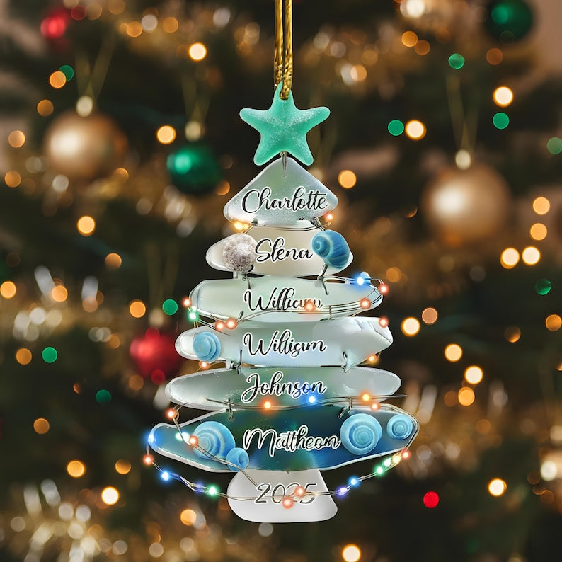 Personalized Sea Glass Christmas Tree Ornament: Family Keepsake, 2D Flat Ornament
