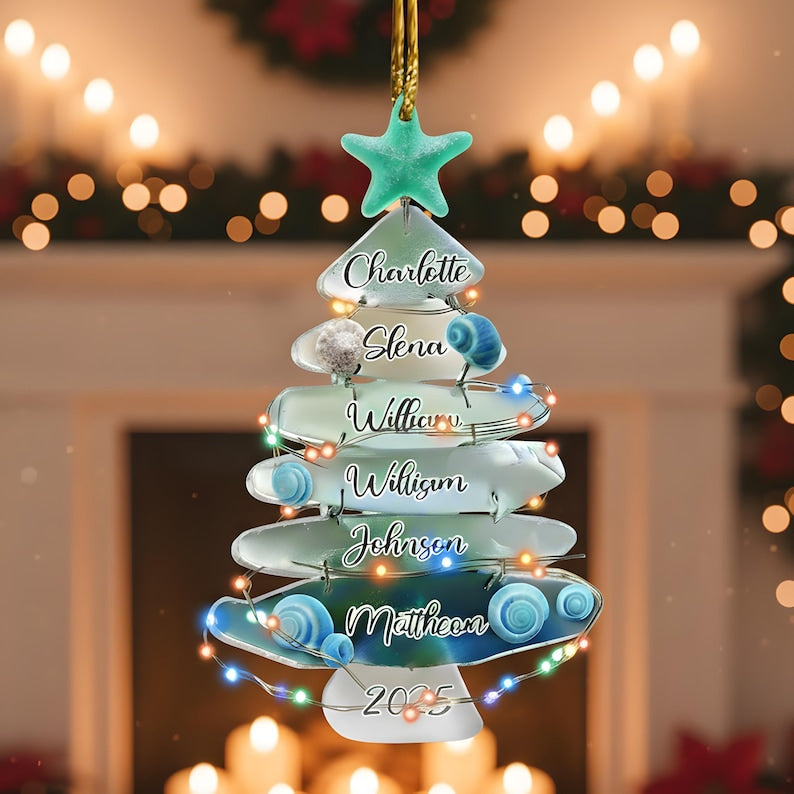 Personalized Sea Glass Christmas Tree Ornament: Family Keepsake, 2D Flat Ornament