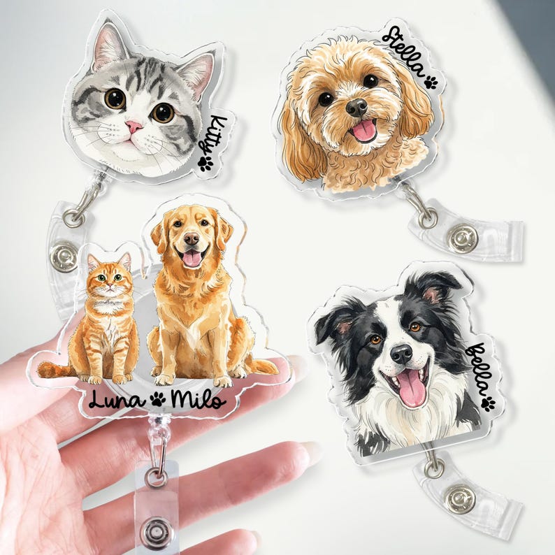 Personalized Acrylic Portrait From Photo Badge Reel: Dog, Cat Retractable ID Holder