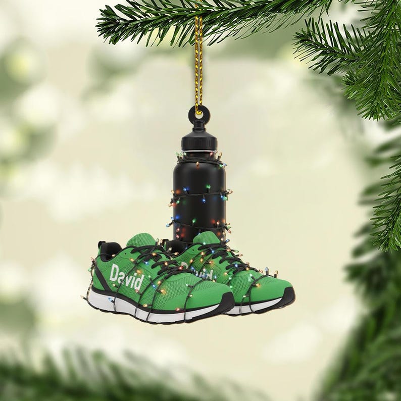 Personalized Running Shoes Christmas Ornament Custom Name Fitness Gift with Water Bottle