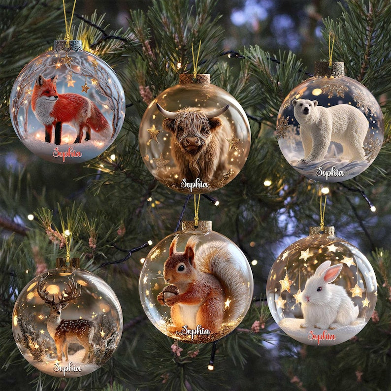 2D Flat Woodland Animal Christmas Acrylic Ornament Set, Personalized Wildlife Ornaments, Rustic Forest Animal Bauble Gift for Nature Lovers