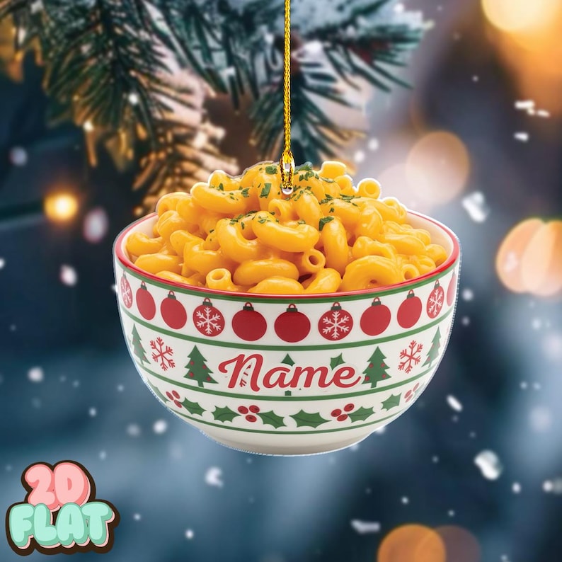 Personalized Mac and Cheese 2D FLAT Ornament, Custom Foodie Christmas Tree Decor, Funny Comfort Food Holiday Gift, Pasta Lover Keepsake