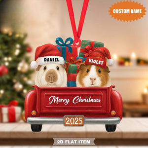 Custom Guinea Pig Christmas Ornament Personalized Name Red Truck Holiday Decoration with Gifts & Santa Hats, Cute 2025 Pet Lover Keepsake