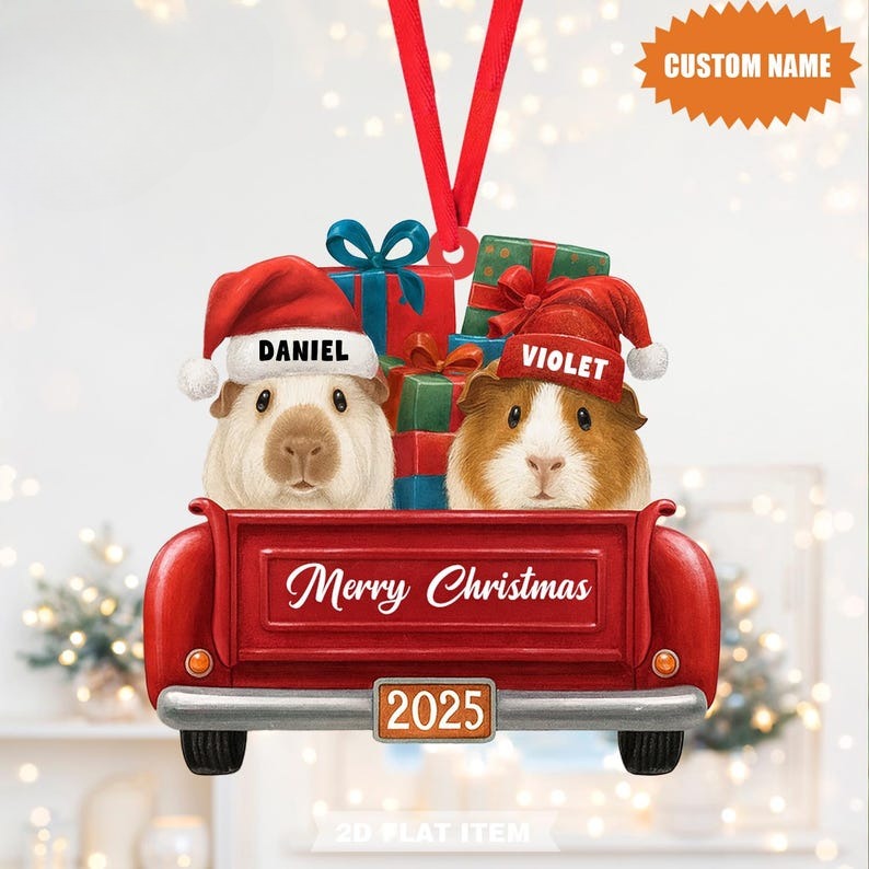 Custom Guinea Pig Christmas Ornament Personalized Name Red Truck Holiday Decoration with Gifts & Santa Hats, Cute 2025 Pet Lover Keepsake