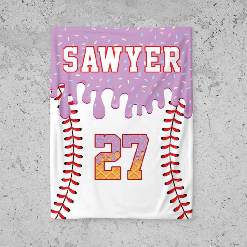 Personalized Baseball Blanket: Ice Cream Drip Design, Custom Kid's Birthday Gift, Baseball Blanket, Team Present, Ice Cream Baseball Blanket