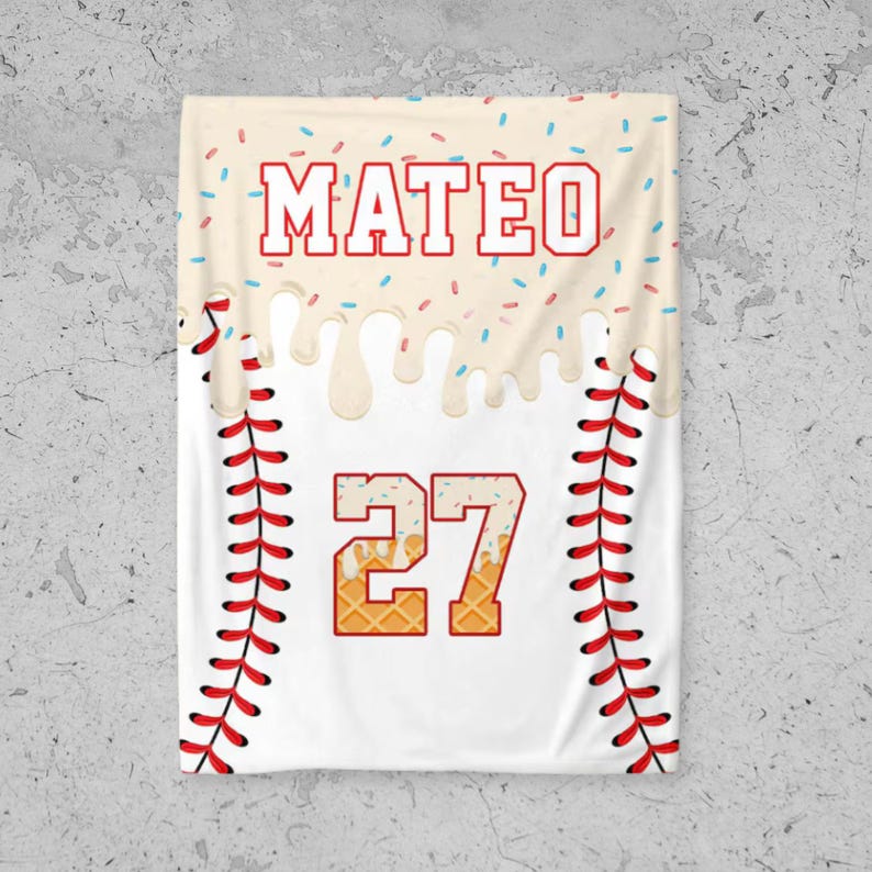 Personalized Baseball Blanket: Ice Cream Drip Design, Custom Kid's Birthday Gift, Baseball Blanket, Team Present, Ice Cream Baseball Blanket