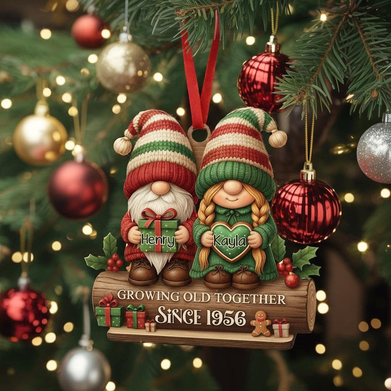 Personalize Gnome Couple Growing Old Together Acrylic Ornament, Couple Ornament, Christmas Decor for Couple, Husband Wife Christmas Ornament