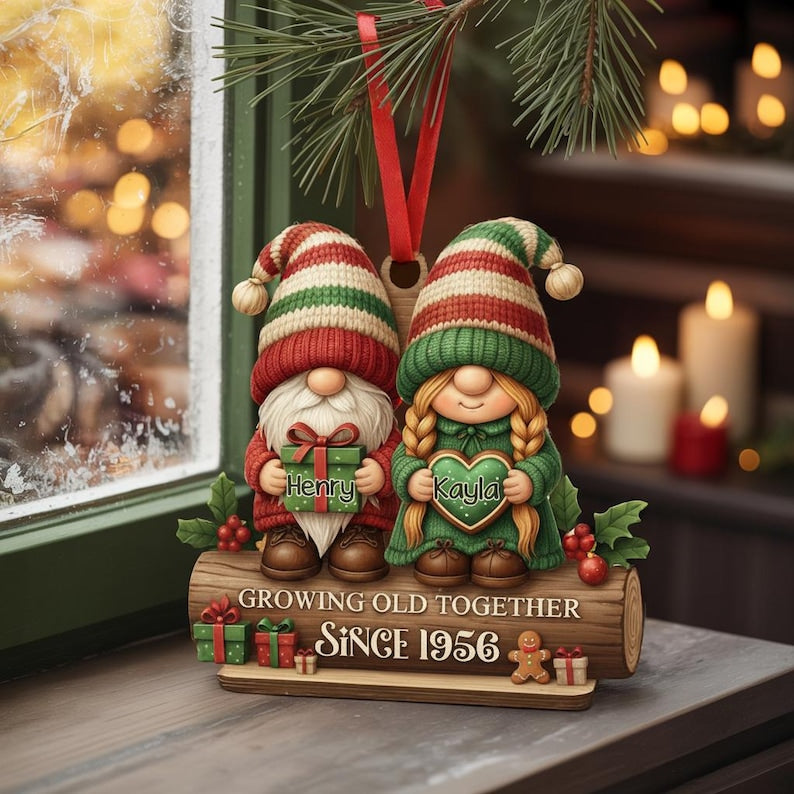 Personalize Gnome Couple Growing Old Together Acrylic Ornament, Couple Ornament, Christmas Decor for Couple, Husband Wife Christmas Ornament