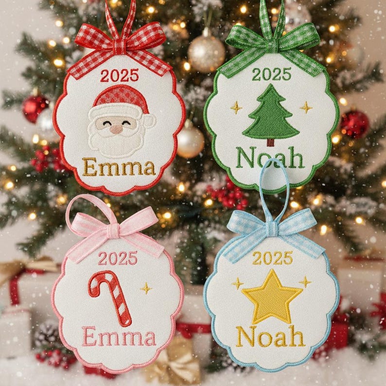 Custom Embroidered Christmas Ornament, 2025 Ornament, Scallop Stork Baby's First Christmas Ornament, Personalized pregnancy announcement