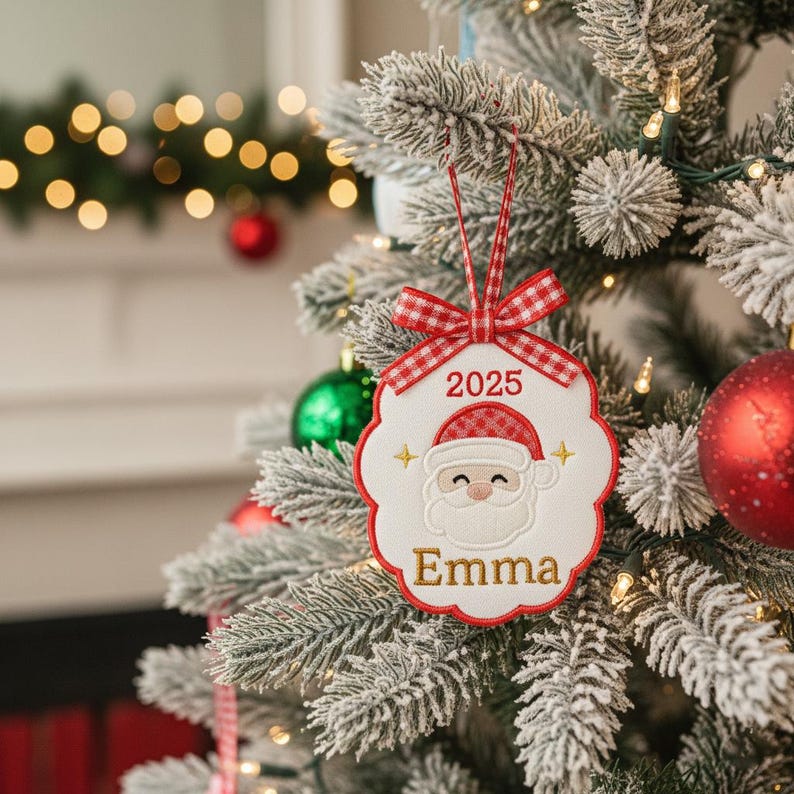 Custom Embroidered Christmas Ornament, 2025 Ornament, Scallop Stork Baby's First Christmas Ornament, Personalized pregnancy announcement