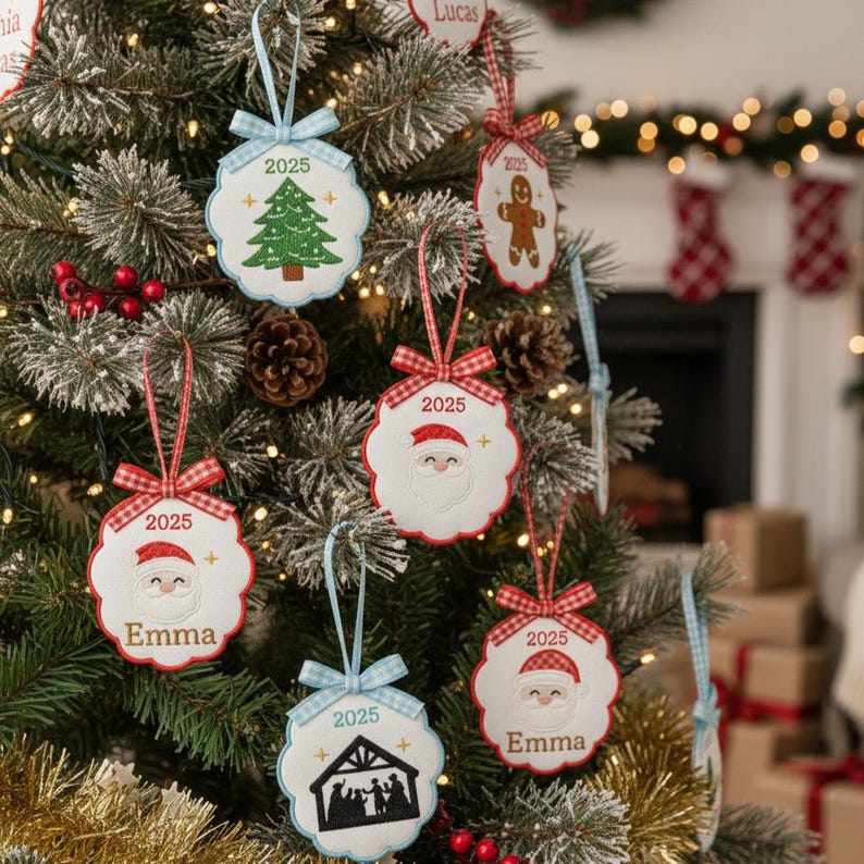 Custom Embroidered Christmas Ornament, 2025 Ornament, Scallop Stork Baby's First Christmas Ornament, Personalized pregnancy announcement