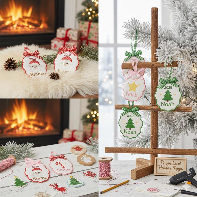 Custom Embroidered Christmas Ornament, 2025 Ornament, Scallop Stork Baby's First Christmas Ornament, Personalized pregnancy announcement