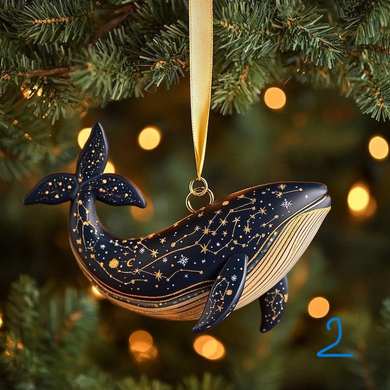 Custom Celestial Whale 2D FLAT Christmas Ornament - Cosmic Ocean Tree Decoration With Gold Star Constellations