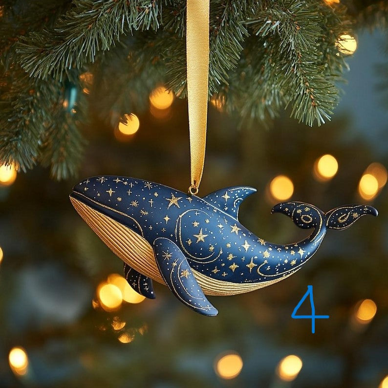 Custom Celestial Whale 2D FLAT Christmas Ornament - Cosmic Ocean Tree Decoration With Gold Star Constellations