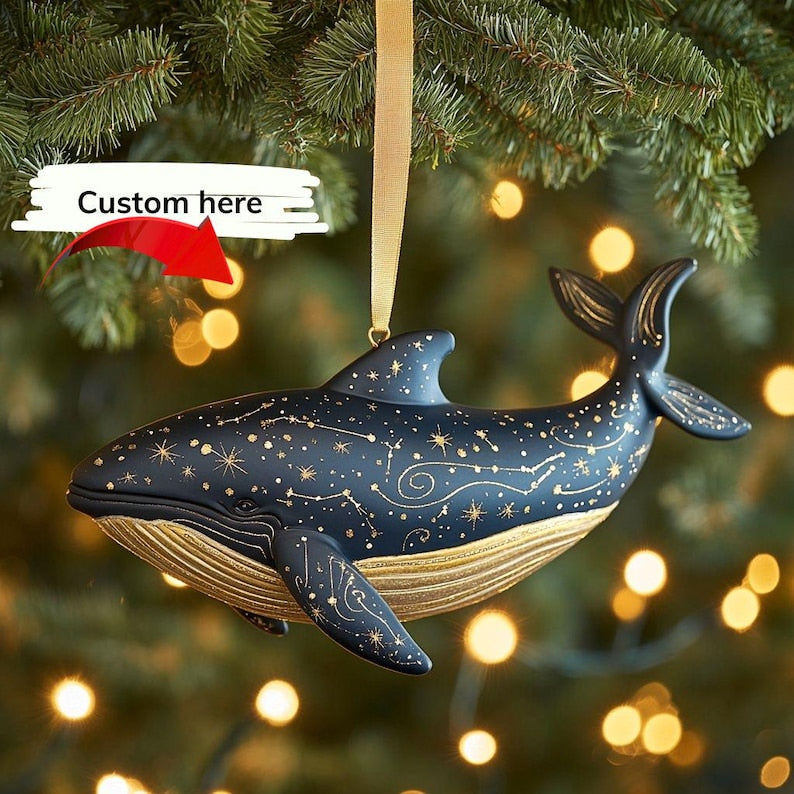 Custom Celestial Whale 2D FLAT Christmas Ornament - Cosmic Ocean Tree Decoration With Gold Star Constellations