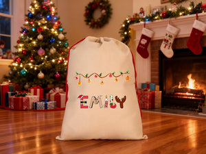 Custom Santa Sack | Thick Canvas Personalised Christmas Present Gift Bag for Him Her Kids Adults | Add Name Initial Xmas Stocking