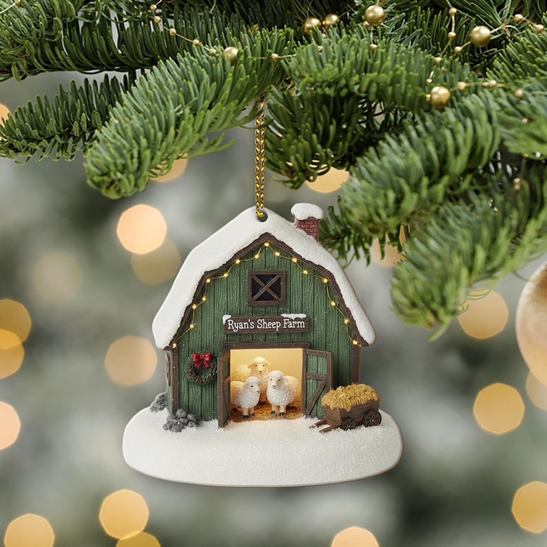 Personalized Sheep Farm Christmas Ornament Rustic Barn Holiday Decor