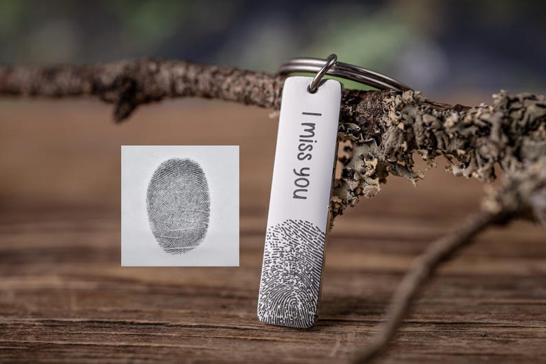Fingerprint and Handwriting Memorial Keychain, Engraved Custom Signature Keyring with Thumbprint, Personalized Inscription Grief Gift