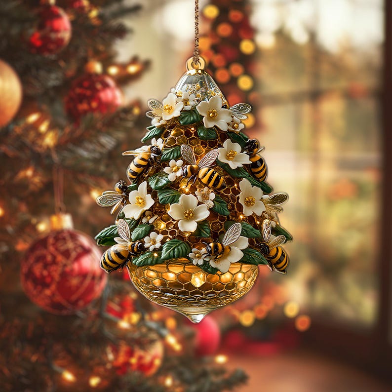 Beehive Christmas Tree Ornament Honeycomb Floral Holiday Decoration Bee Lover Gift 2025 Christmas Ornament