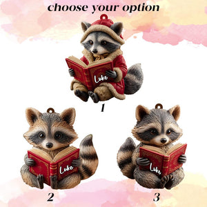 Custom Name Raccoon Christmas Ornament, Woodland Animal Reading Red Book, Personalized Name & Year, Kids Gift, Xmas Tree Decor, Holiday 2025
