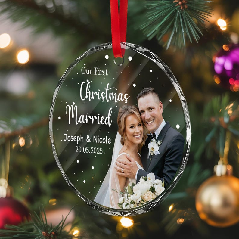 Personalized Our First Christmas Married Photo Ornament Custom Names & Date