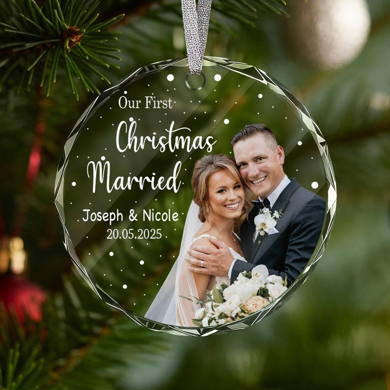 Personalized Our First Christmas Married Photo Ornament Custom Names & Date