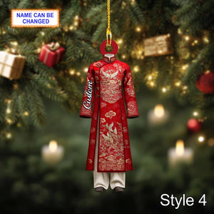 Custom Name Vietnamese Ao Dai Man Ornament, 2D Flat Acrylic Christmas Tree Hanging, Traditional Ethnic Dress Decor, Holiday Gift