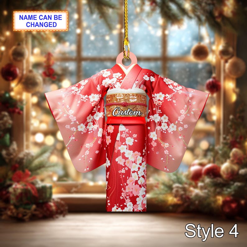Custom Name Japanese Kimono Woman Ornament, 2D Flat Acrylic Christmas Ornament, Traditional Asian Dress Decor, Holiday Gift