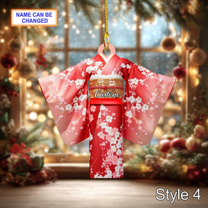 Custom Name Japanese Kimono Woman Ornament, 2D Flat Acrylic Christmas Ornament, Traditional Asian Dress Decor, Holiday Gift