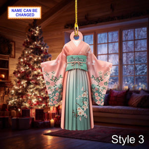 Custom Name Japanese Kimono Woman Ornament, 2D Flat Acrylic Christmas Ornament, Traditional Asian Dress Decor, Holiday Gift