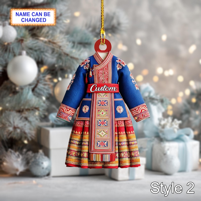 Custom Name H Mong Ethnic Woman Ornament, 2D Flat Acrylic Christmas Tree Decor, Traditional Hill Tribe Dress Ornament, Cultural Gift