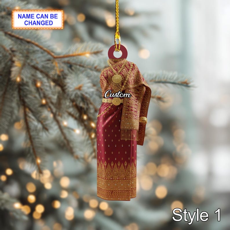 Custom Name Lao Traditional Woman Ornament, 2D Flat Acrylic Christmas Ornament, Ethnic Sinh Dress Decor, Handmade Holiday Gift