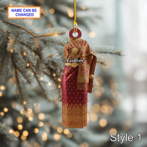 Custom Name Lao Traditional Woman Ornament, 2D Flat Acrylic Christmas Ornament, Ethnic Sinh Dress Decor, Handmade Holiday Gift