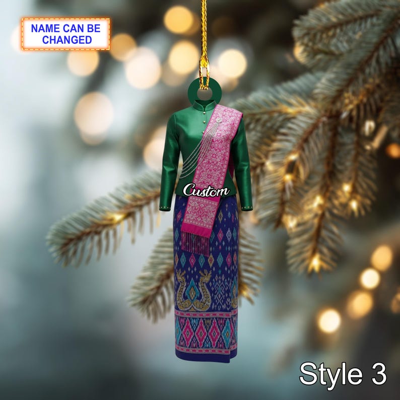 Custom Name Lao Traditional Woman Ornament, 2D Flat Acrylic Christmas Ornament, Ethnic Sinh Dress Decor, Handmade Holiday Gift
