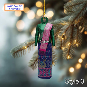 Custom Name Lao Traditional Woman Ornament, 2D Flat Acrylic Christmas Ornament, Ethnic Sinh Dress Decor, Handmade Holiday Gift
