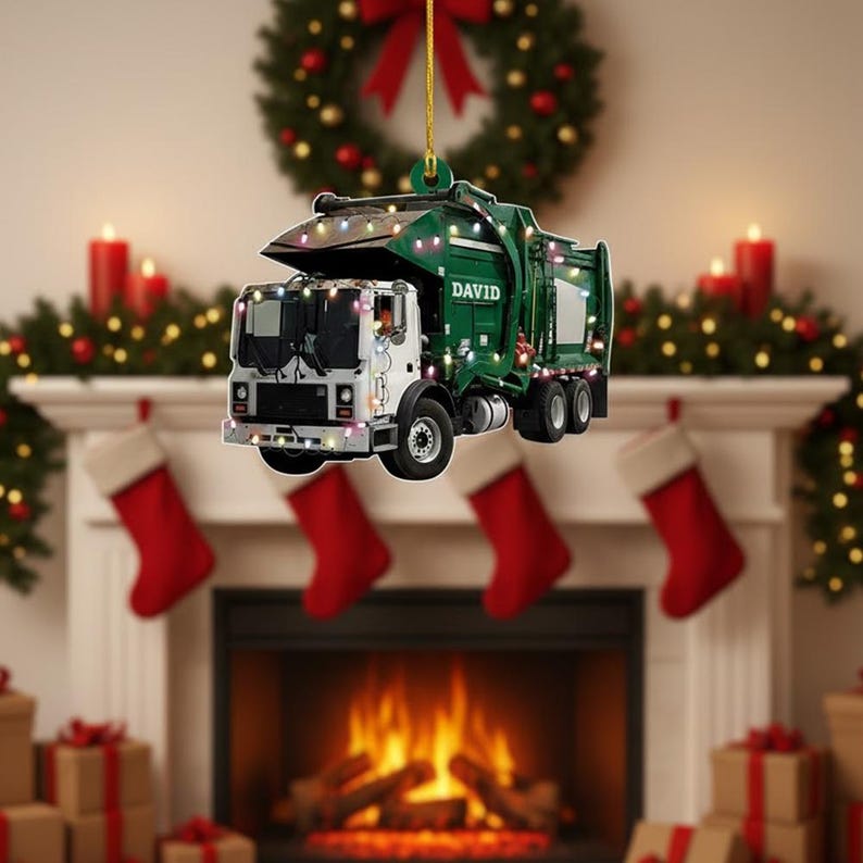 Personalized Garbage Truck Christmas Ornament: Custom Sanitation Worker Gift 2D FLAT