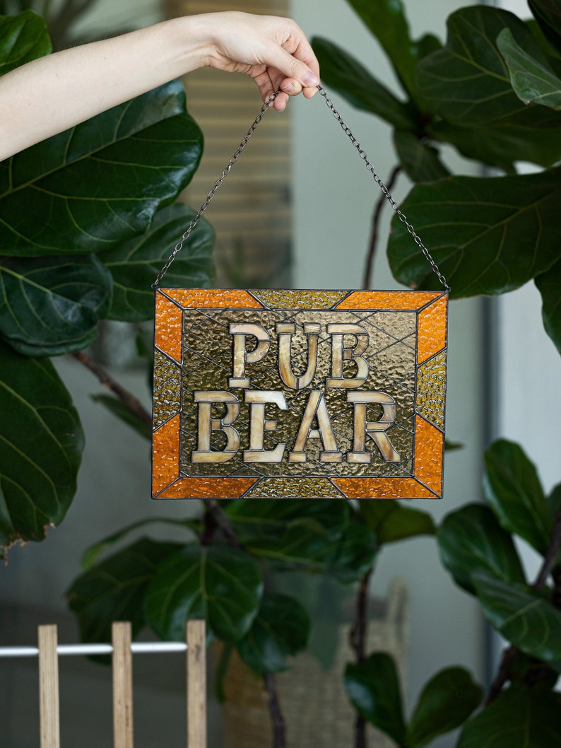 Custom stained glass name pub sign suncatcher address personalized name cling housewarming gift Beer Mug Hangings Logo Bar Symbol Restaurant