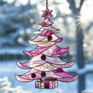 Pink Christmas Tree Acrylic Suncatcher - Faux Acrylic Window Hanging With Ornaments And Gifts Holiday Pastel Decor